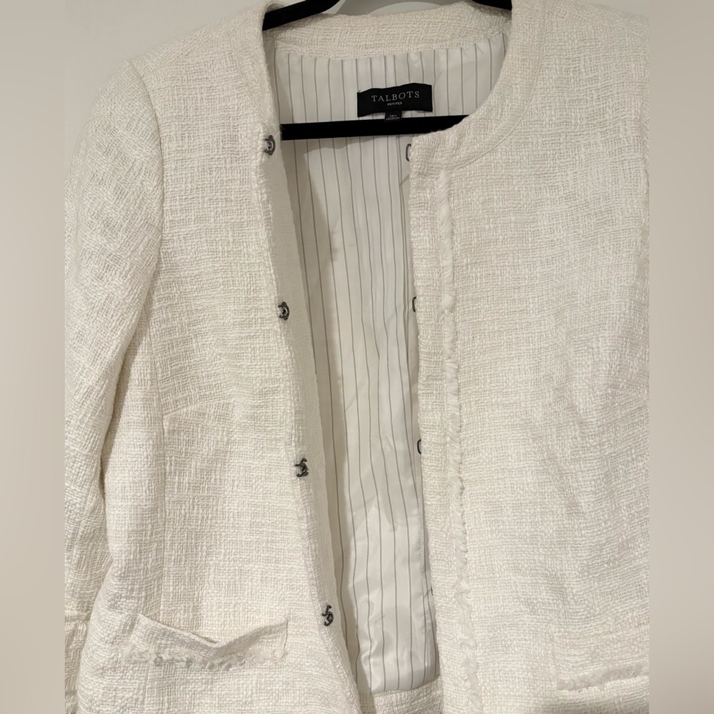 Talbots Women’s White Tweed Ruffle Sleeve Blazer Jacket Workwear Office 16P - Picture 4 of 9